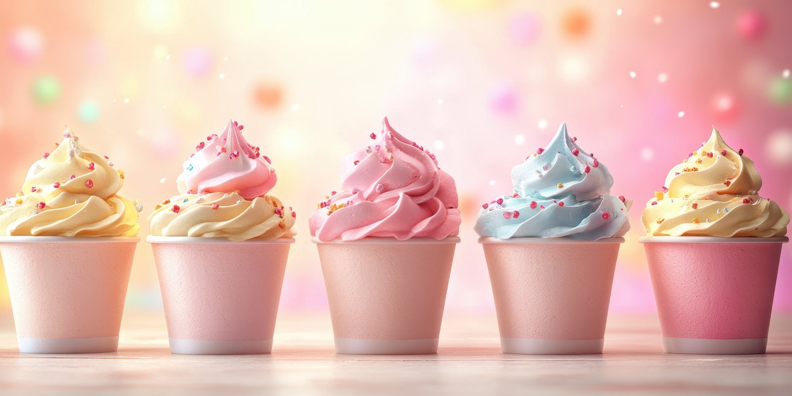 Colorful cupcakes lined up in a sweet display against a festive background